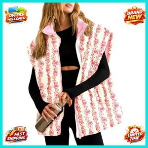 Oversized Puffer Vest Cap Sleeve Quilted Jacket Floral Print Winter Warm